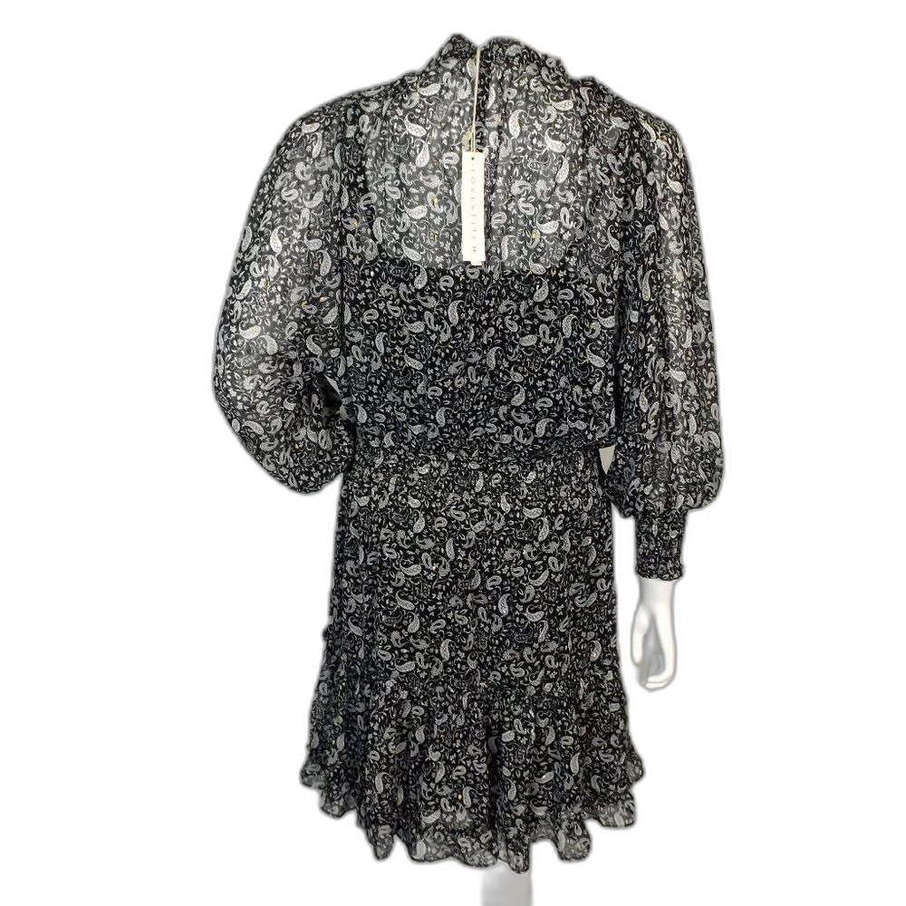 new LOVESTITCH Dress, L, Black/White Paisley, Smocked Waist/Cuffs, Attached Slip - Picture 8 of 15